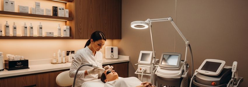 Medical aesthetic professional performing laser treatment on a client in a modern medspa treatment room