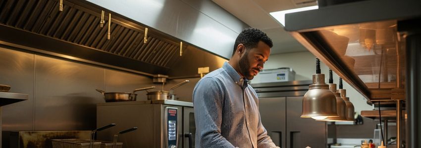 Restaurant owner reviewing financing options in a Knoxville commercial kitchen