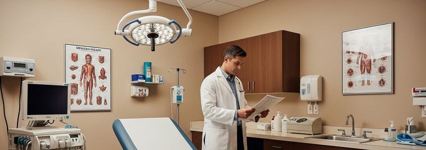Male doctor reviewing medical documents at a men's health clinic