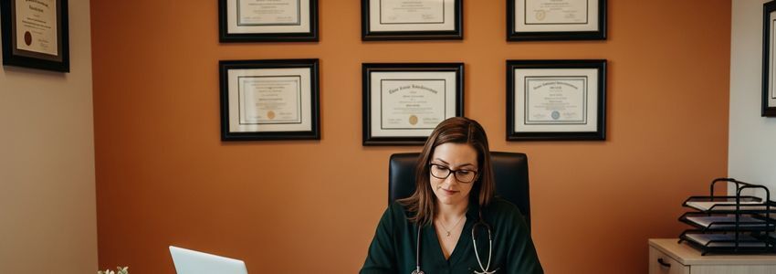 Mental health practice owner reviewing business loan options at their professional office desk