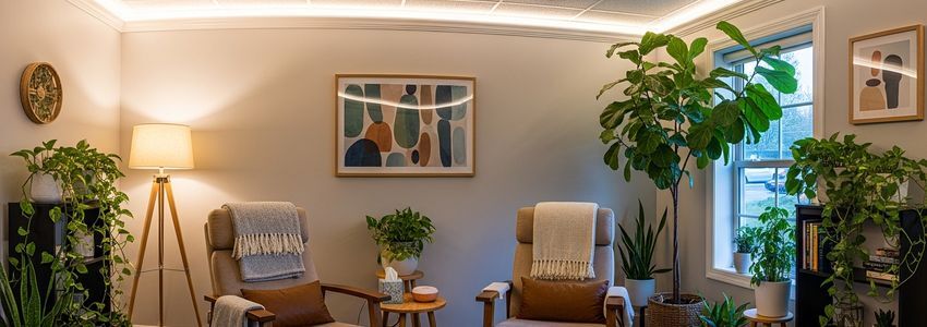 Welcoming mental health therapy office with comfortable chairs and calming decor