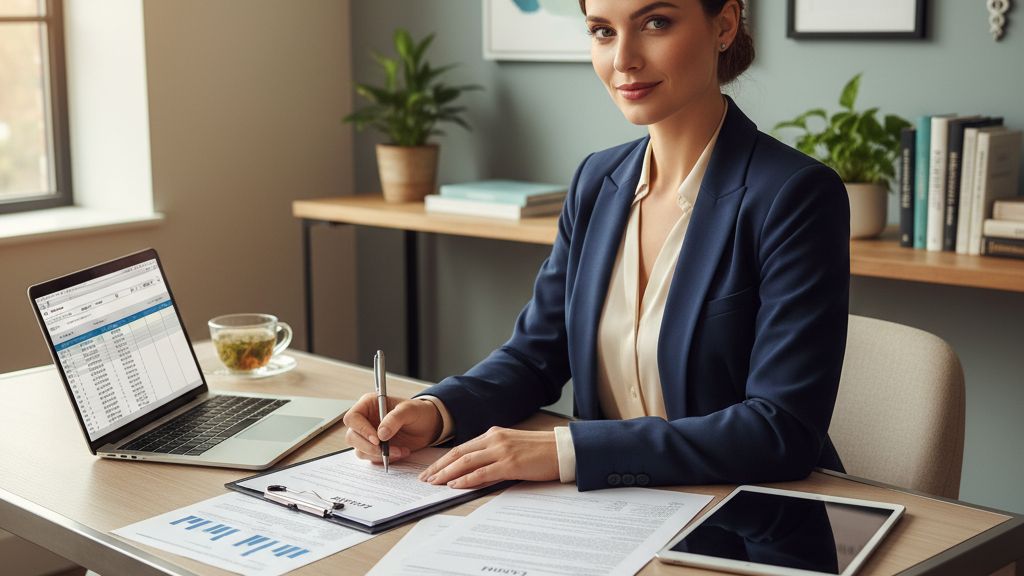 Mental health practice owner reviewing financing options at a professional office desk