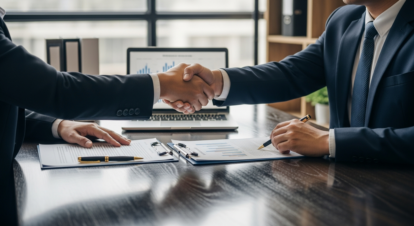 Business owner reviewing merchant cash advance agreement at office desk