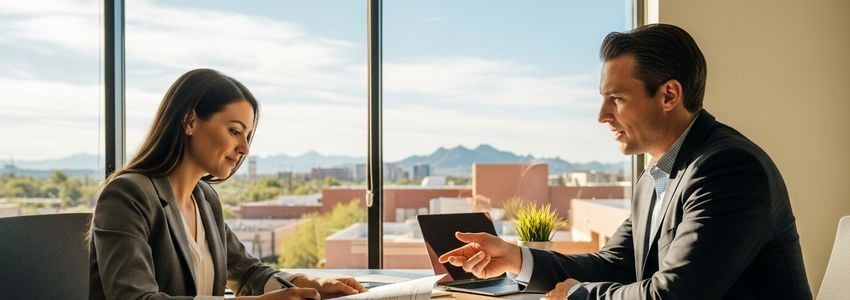 Small business owner and financial advisor discussing loan options in a Mesa, Arizona office