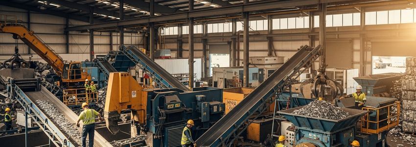 Workers operating equipment inside a metal recycling processing facility