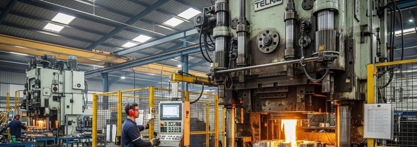 Metal stamping press in operation at a manufacturing plant, showing precision machinery at work