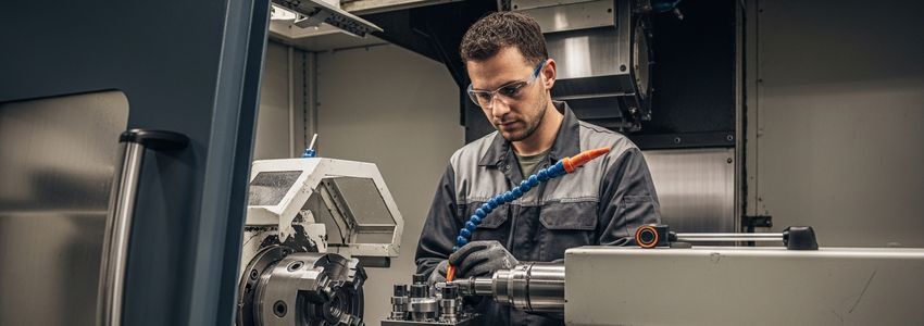 Metalworking technician operating CNC lathe in professional fabrication shop