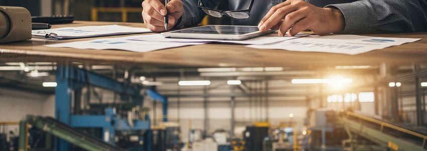 Manufacturing business owner reviewing equipment loan documents in an industrial facility