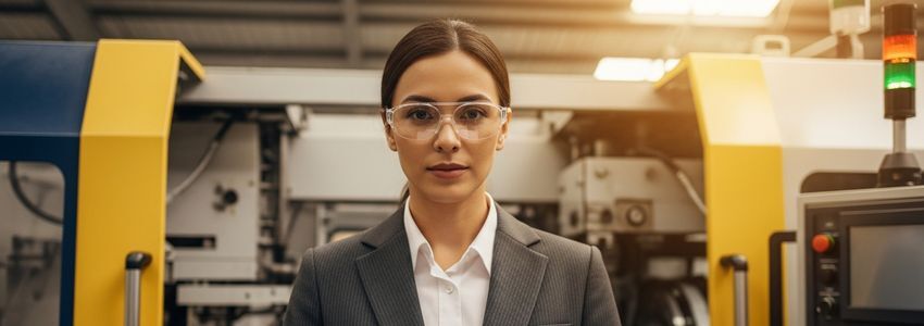 Business professional reviewing manufacturing equipment financing documents at a production facility