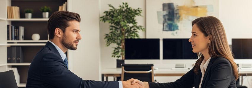 Management consulting business professionals reviewing financing documents in a modern office setting