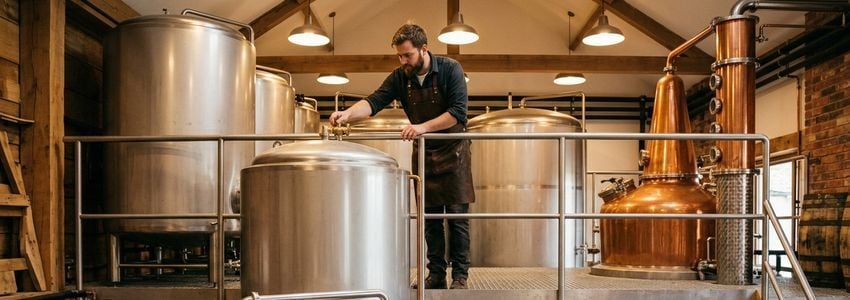 Craft distillery owner inspecting a copper pot still in a production facility