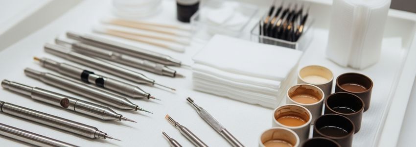 Professional microblading tools and pigments arranged on a sterile treatment tray in a beauty studio