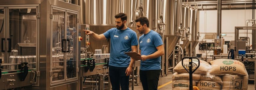 Craft brewery employees reviewing canning line equipment in a microbrewery production facility