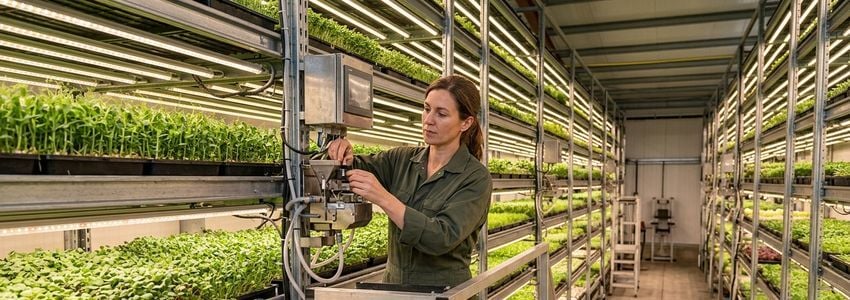 Microgreens grower checking LED grow lights and vertical racking equipment financed for a commercial indoor farm