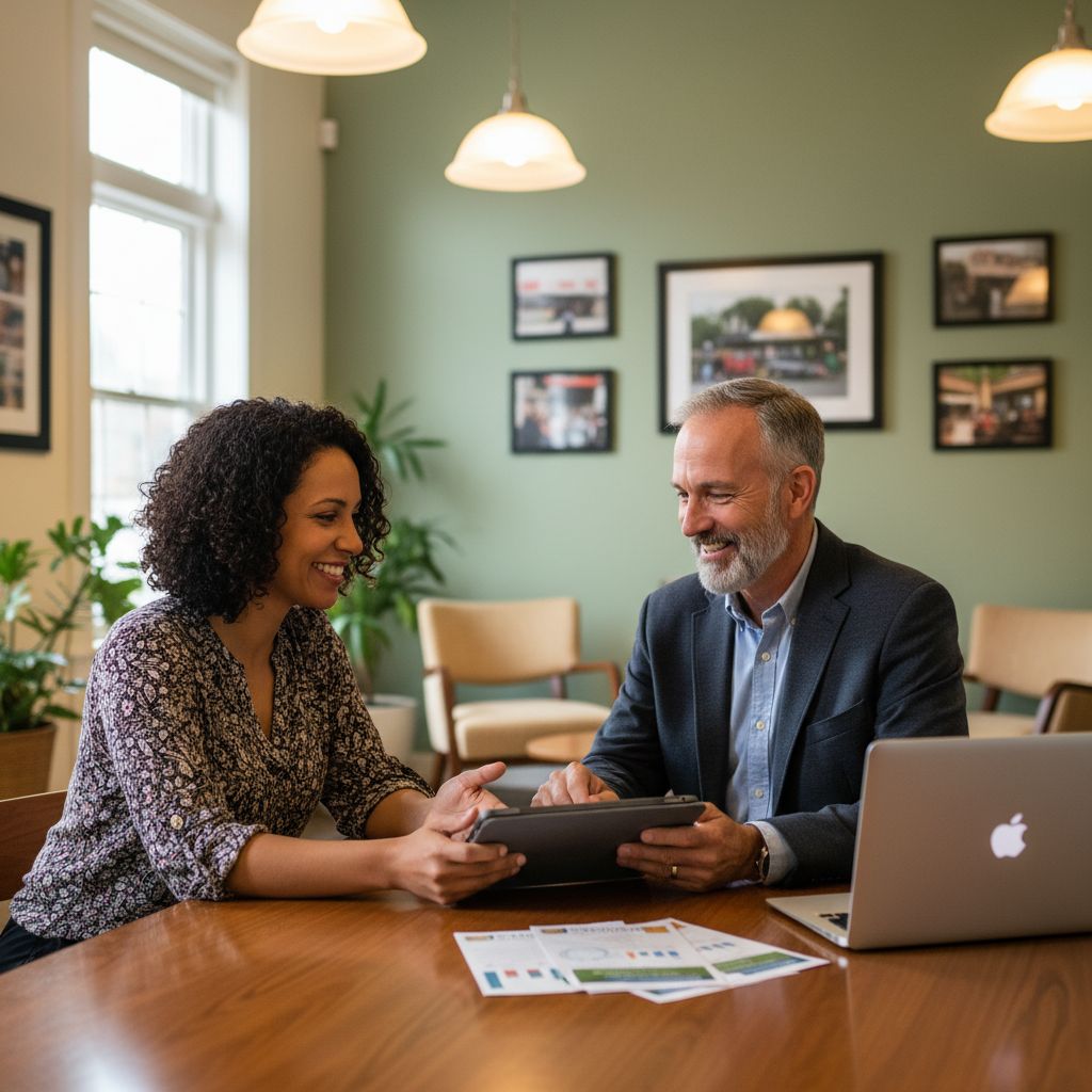 Small business owner meeting with a community lender to review microloan options
