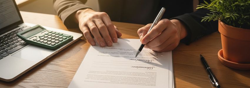 Small business owner reviewing microloan documents and financial paperwork at a modern office desk