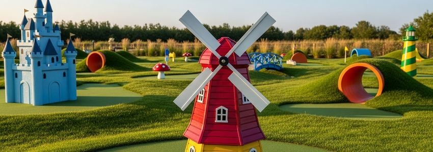 Wide panoramic view of a colorful mini golf course with themed obstacles and landscaping in a professional outdoor setting
