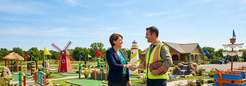 Contractors and a business owner reviewing mini golf course construction blueprints on site