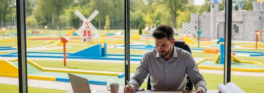 Mini golf course owner reviewing business financing documents with colorful miniature golf course in background