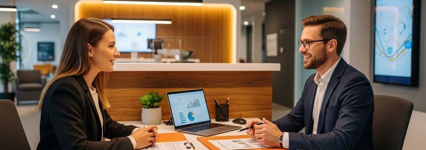 Business owner and loan officer reviewing credit score requirements at a bank