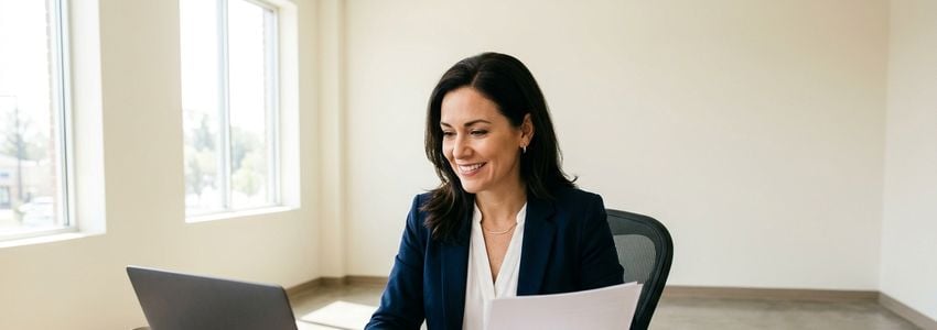 Small business owner reviewing payroll and financing paperwork in an office
