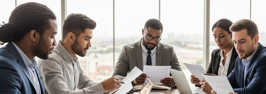 Diverse minority business owners reviewing financing documents in a professional office