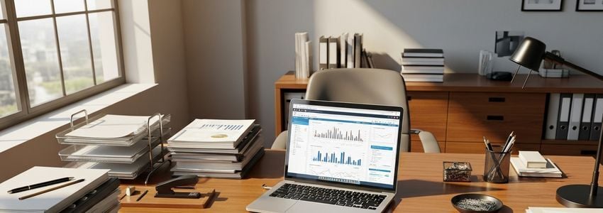 Small business owner reviewing grant applications at a professional office desk