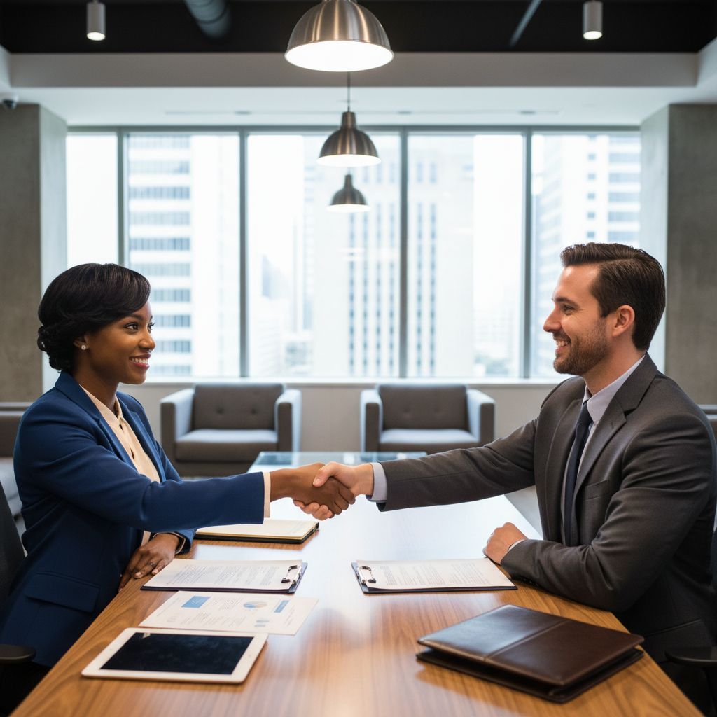 Minority small business owner meeting with a bank loan officer at a desk discussing financing options
