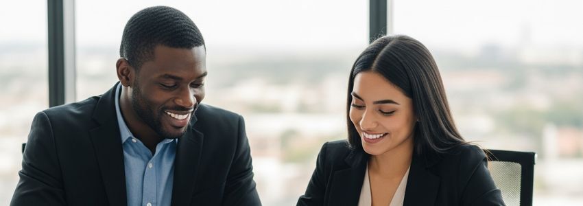 Minority business owners reviewing small business loan documents at a professional office meeting