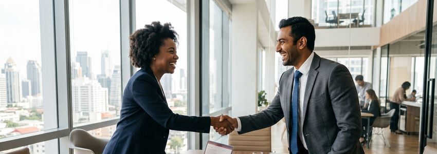 Minority business owner and advisor reviewing financing options in a professional office setting