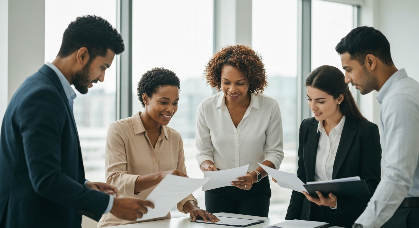 Minority business owner receiving funding approval from lender at office meeting