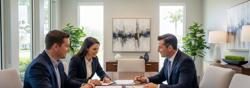 Business owners reviewing small business loan documents with a financial advisor in Miramar, Florida