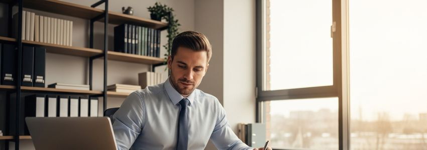 Business owner reviewing Mister Sparky franchise loan documents at an office desk