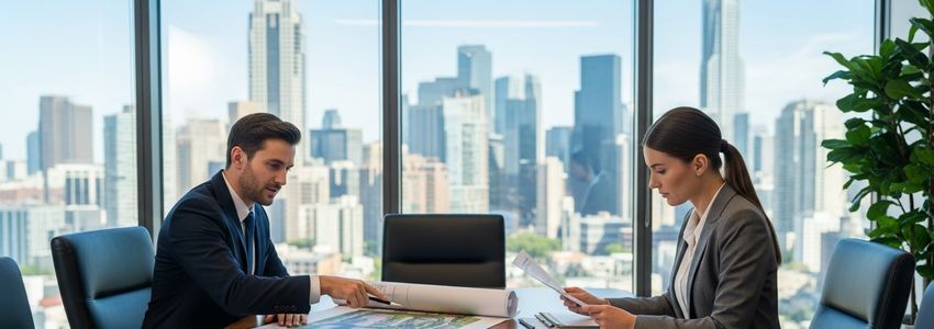 Business professionals reviewing mixed-use development financing plans at a modern office
