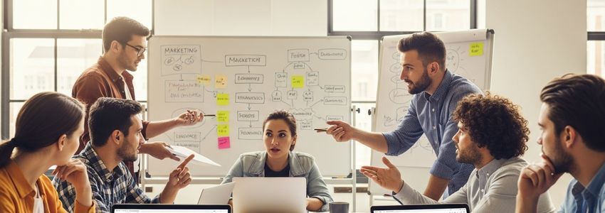 Marketing team collaborating on campaign strategy and ROI analysis in a modern office meeting room