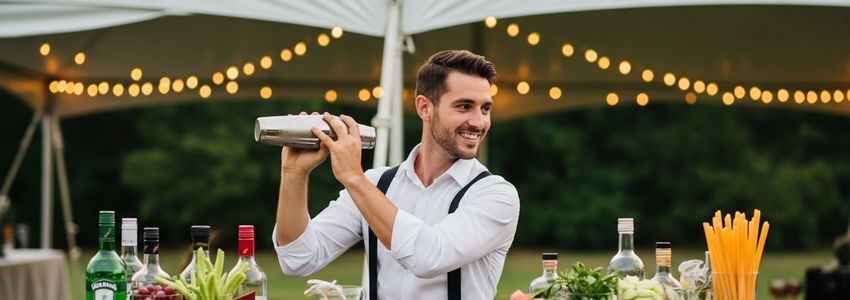 Professional event bartender at a mobile bar setup serving cocktails at an outdoor event