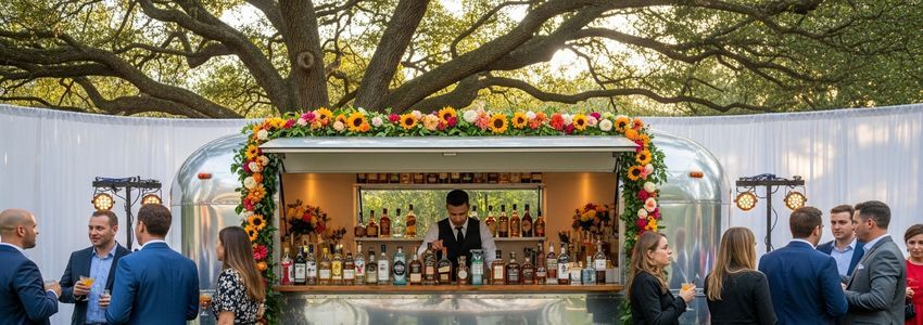 Mobile bar trailer setup at outdoor wedding event with professional bartender