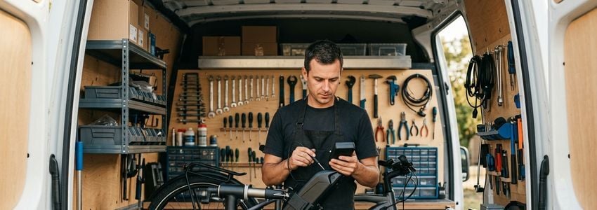 Mobile bicycle repair technician servicing an e-bike wheel inside a fully equipped service van