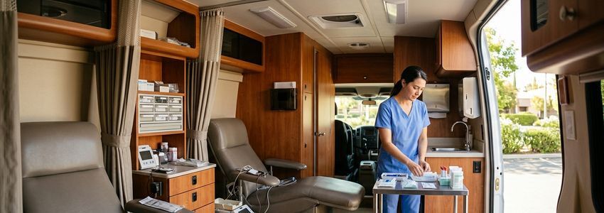 Interior of a mobile blood donation van with a medical technician organizing collection equipment