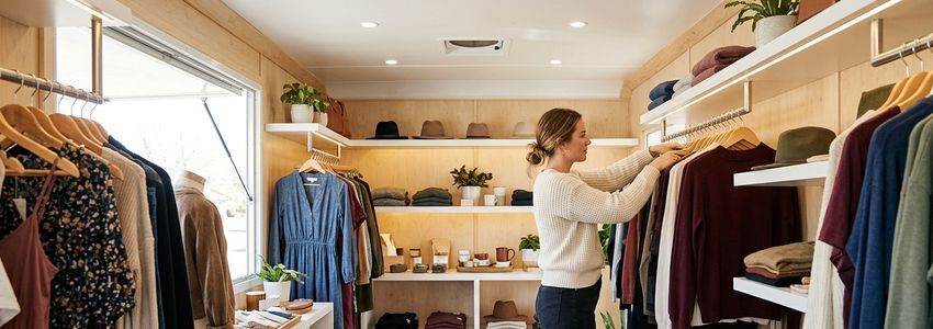 Retail entrepreneur setting up merchandise displays inside a mobile boutique trailer before opening