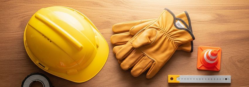 Professional mobile business equipment and tools including hard hat, work gloves, and measuring tools for equipment financing