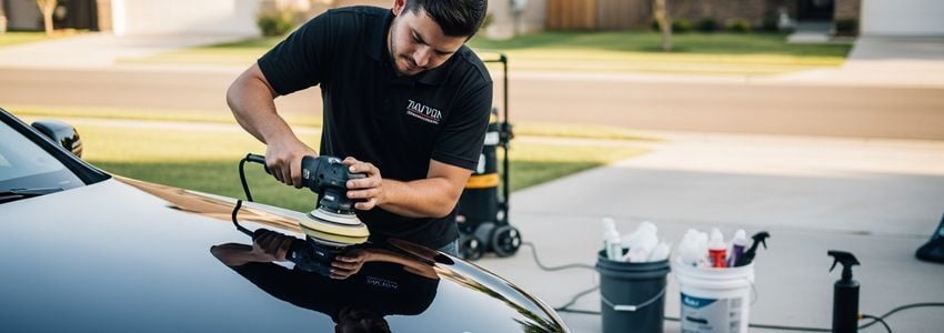 Professional mobile car detailer using orbital polisher on a vehicle in a residential driveway setting, representing mobile car wash business operations