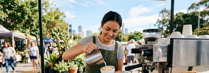 Mobile coffee cart barista serving espresso from a fully equipped commercial coffee cart at an outdoor event