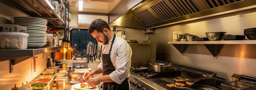 Mobile food truck business owner reviewing financing options with a lender