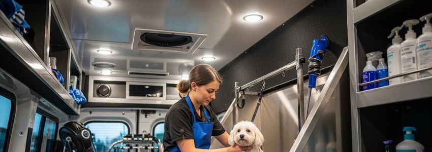 Professional mobile pet grooming van interior with groomer and equipment