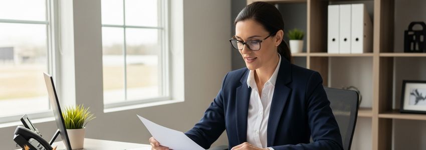 Business owner reviewing mobile home park financing documents at a modern office desk