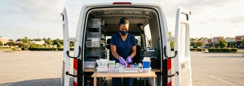 Mobile phlebotomy technician organizing blood collection supplies and equipment in an outfitted service vehicle