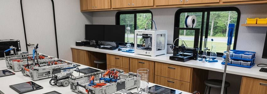 Interior of a mobile STEM education lab showing robotics kits, tablets, and science equipment