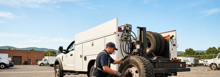 Mobile tire repair technician using a hydraulic tire changer mounted on a service truck