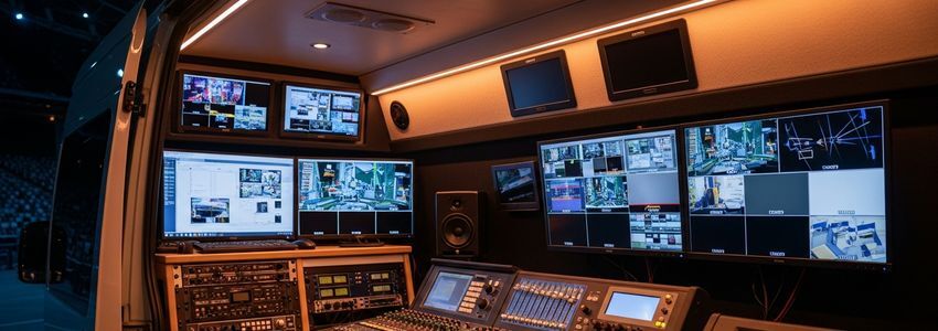 Mobile video production crew working near a production van